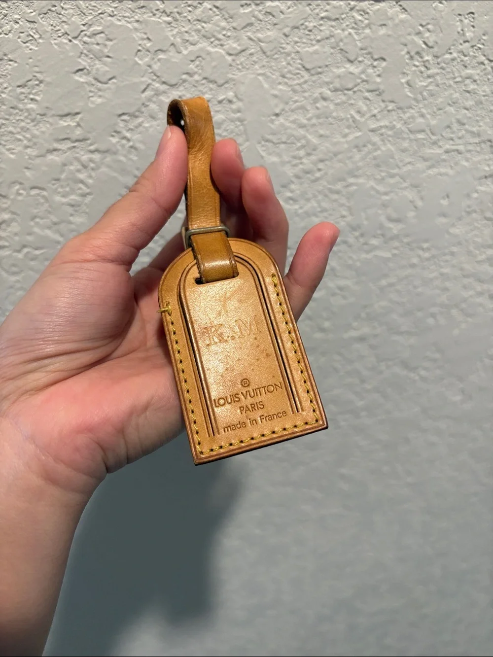 Louis Vuitton Mini Brown Leather Luggage Tag with K.M Initial